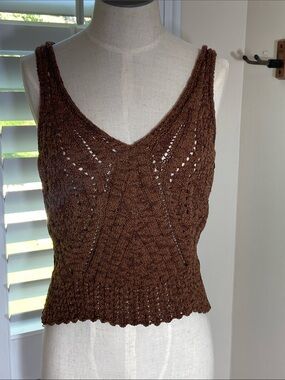 Zara Crochet V-Neck Crop Tank Size L Chocolate Brown Pointelle Hippie Boho NWT